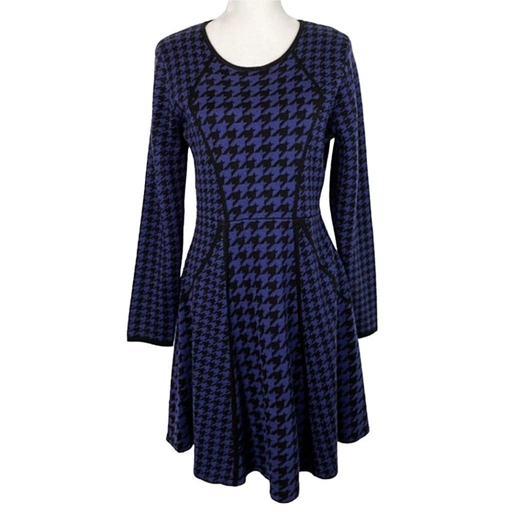 CALVIN KLEIN Purple Houndstooth Fit & Flare Sweater Dress